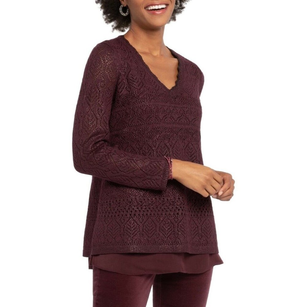 Nic+Zoe Metallic Shine On Sweater Winterberry Red